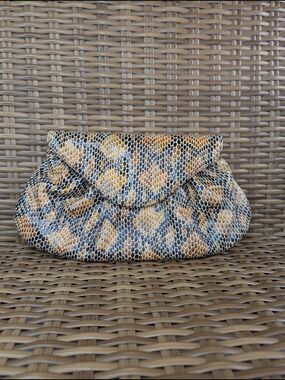 Lauren Merkin Snake-Print Embossed Envelope Evening Clutch Orange Brown Black